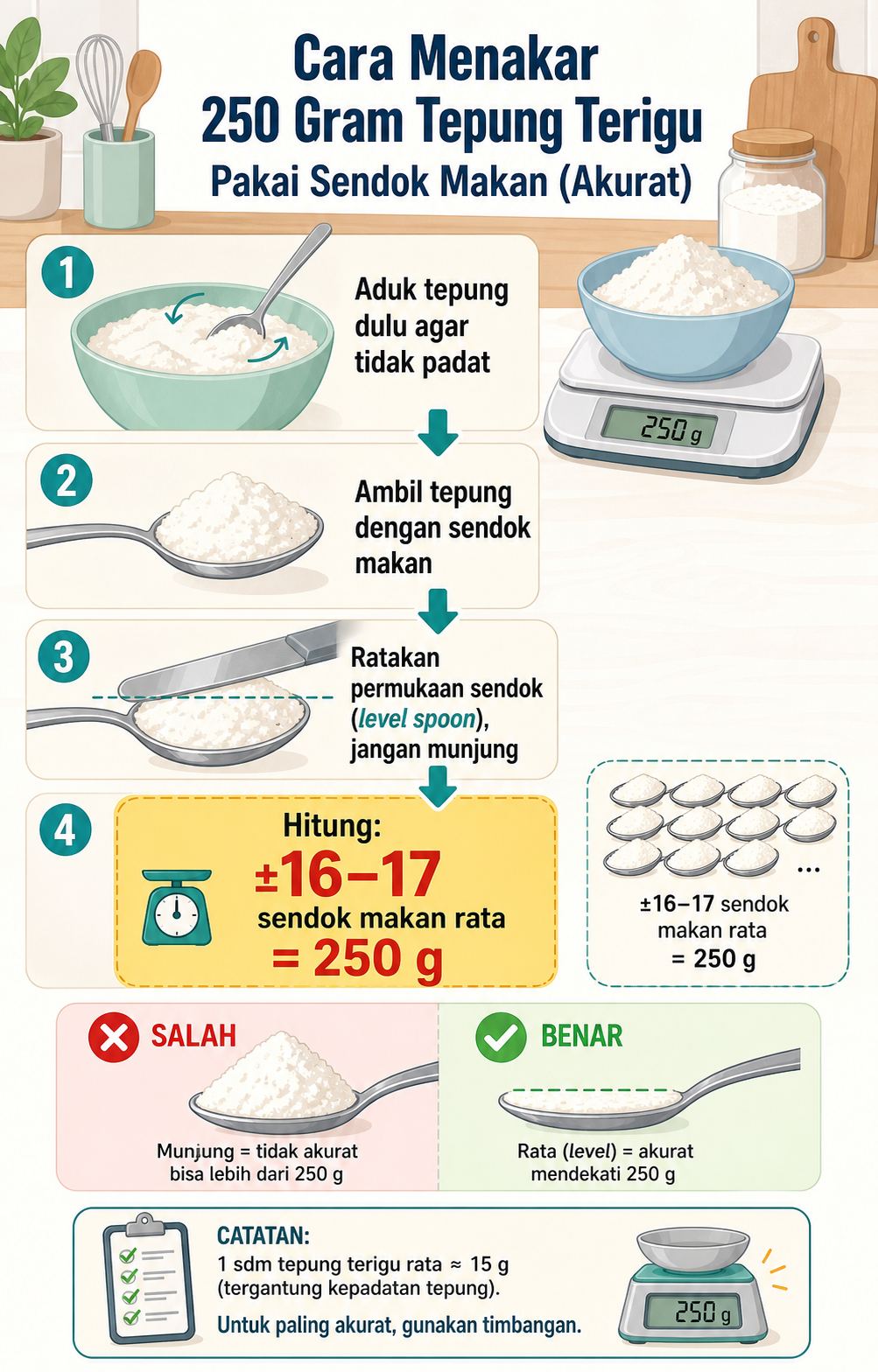 Cara Menakar 250 Gram Tepung Terigu Pakai Sendok Makan Akurat - tepung