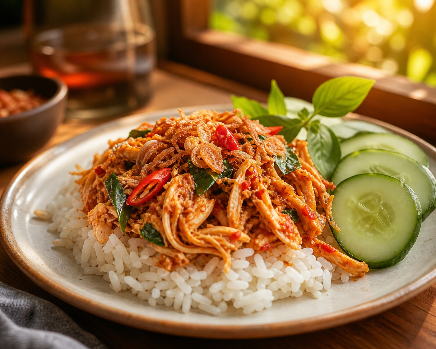 Nasi Ayam Suwir Pedas untuk Makan Sore Hari Ini, Tak Keasinan - nasi
