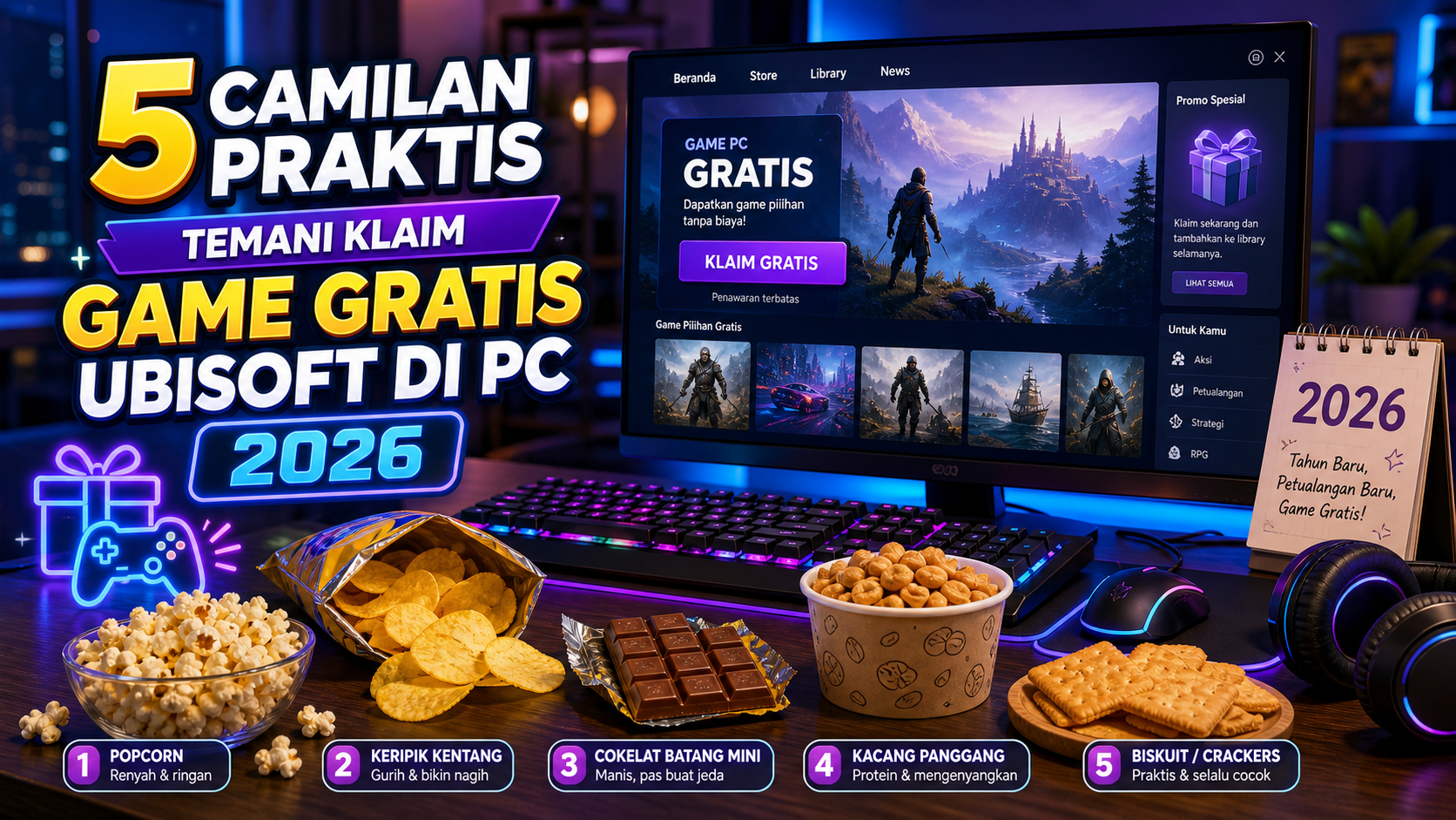 5 Camilan Praktis Temani Klaim Game Gratis Ubisoft di PC 2026 - ubisoft